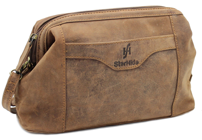 [Australia] - STARHIDE Top Framed Zipped Genuine Distressed Hunter Leather Hanging Toiletry Wash Shaving Cosmetic Bag 550 Brown 