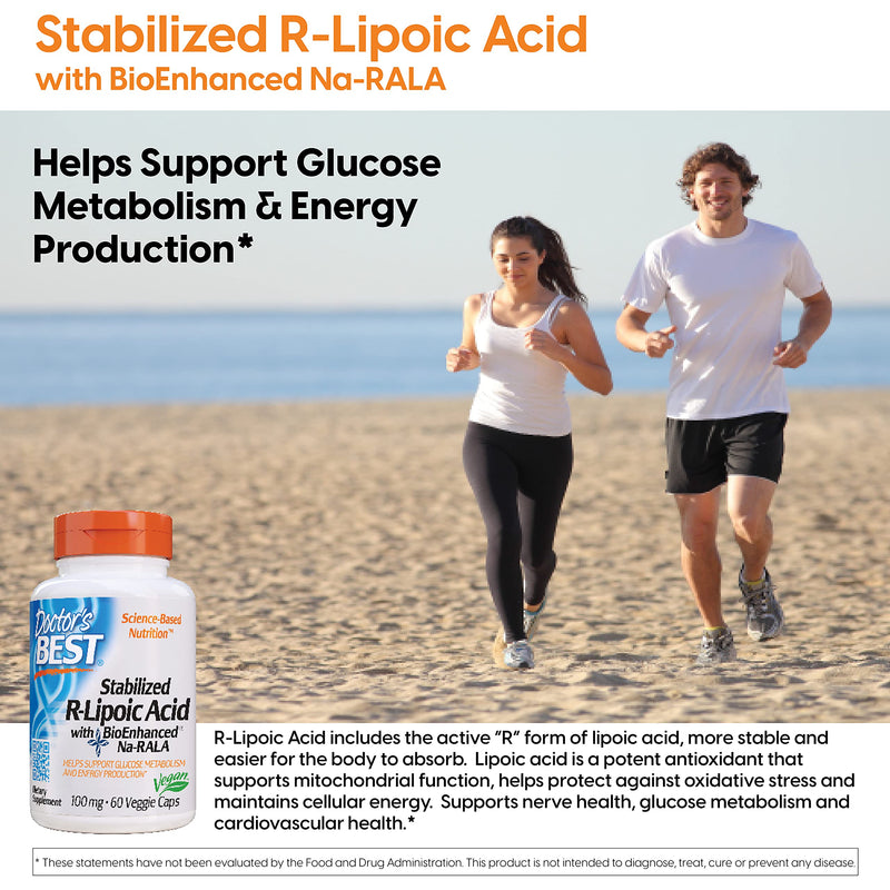 [Australia] - Doctor's Best Stabilized R-Lipoic Acid with BioEnhanced Na-RALA, Non-GMO, Gluten Free, Vegan, Helps Maintain Blood Sugar Levels, 100 mg 60 Veggie Caps (DRB-00123) 