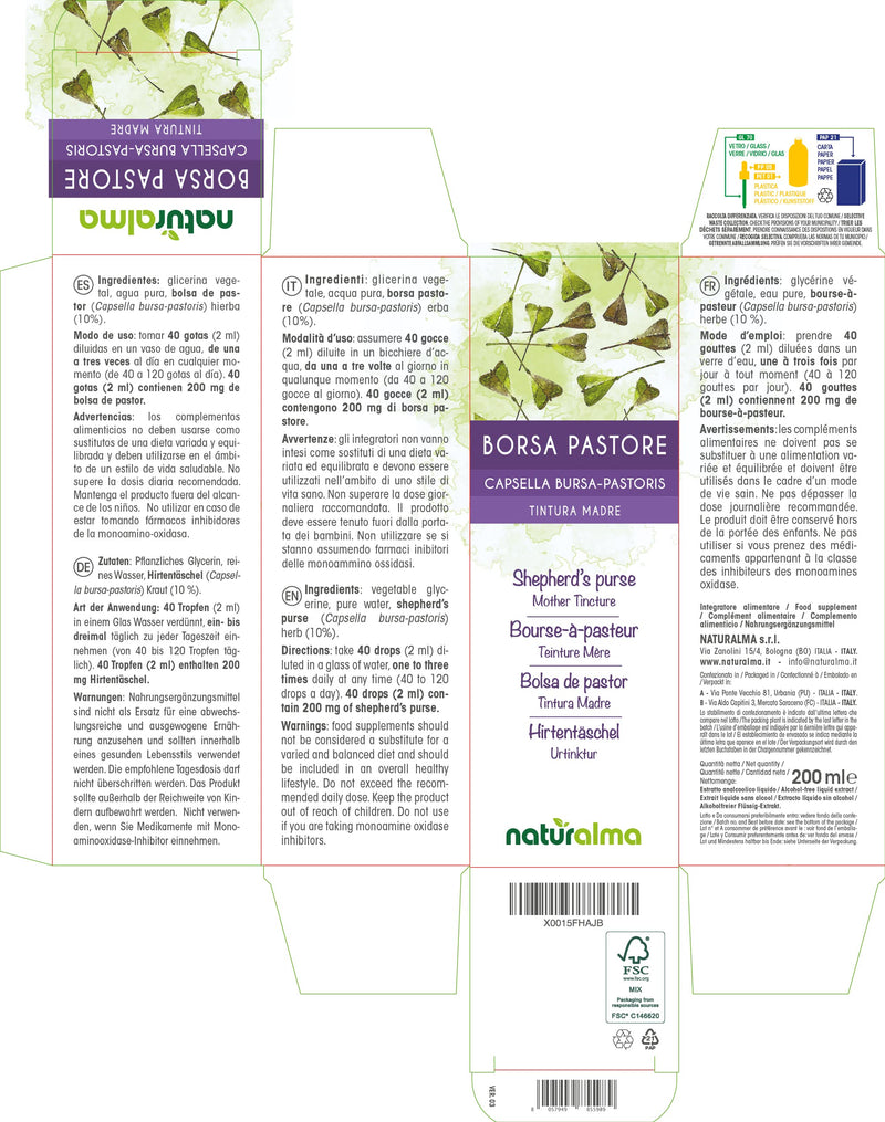 [Australia] - Shepherd’s Purse (Capsella Bursa-pastoris) herb Alcohol-Free Mother Tincture Naturalma | Liquid Extract Drops 200 ml | Food Supplement | Vegan 