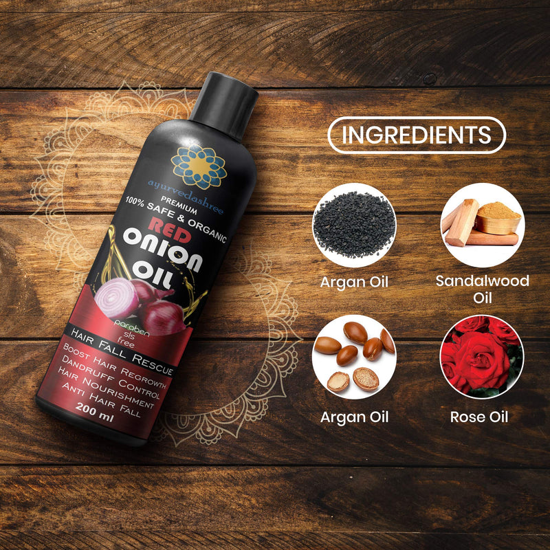 [Australia] - AYURVEDASHREE Red Onion Hair Oil For Hair Regrowth & Hair Fall with Black Seed Onion Oil, Pure Argan Oil, Sandalwood Oil, Rose Oil - Organic- Intensive Hair Fall Dandruff Treatment- 200 Ml 6.7 fl oz 