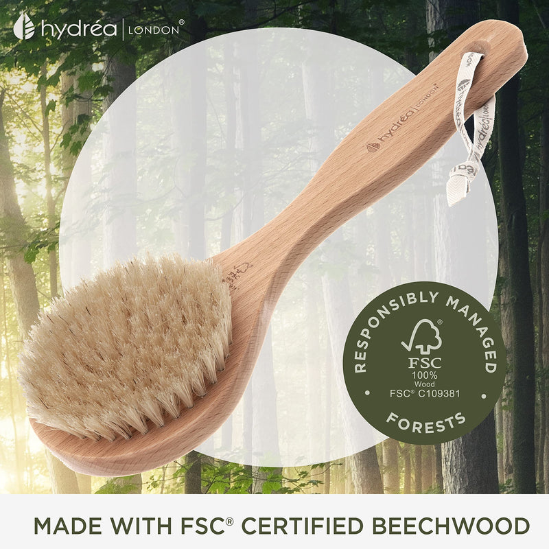 [Australia] - Hydrea London Dry Body Brush – Premium Exfoliating Dry Skin Brush with Natural Bristle, Dry Brush Cellulite Remover, Exfoliating Body Scrubber, Helps Improve Lymphatic Drainage, FSC® Certified Beechwood. 
