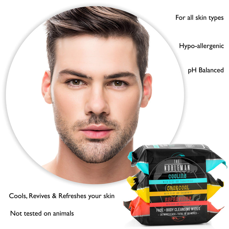[Australia] - Men's Assorted Cleansing Wipes- Cooling/Charcoal/Refreshing - 3 Pack ( 90ct ) 