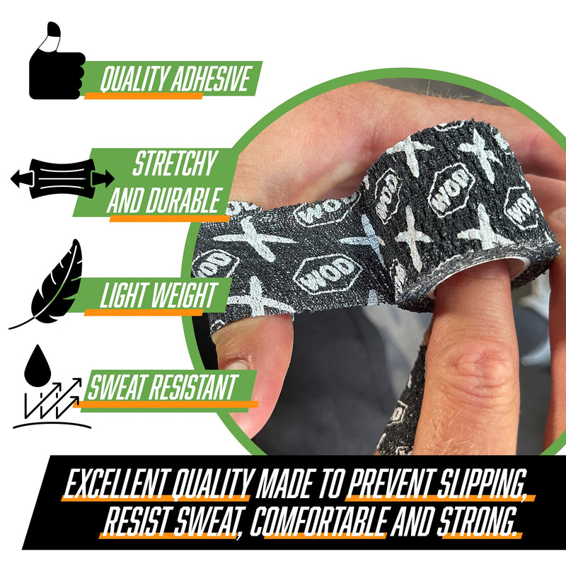 [Australia] - WOD Recovery Hook Grip Weightlifting Tape - Sweatproof & Chalk-Resistant, Adhesive Wrap for Thumb, Fingers, & Hands - Black/Blue/White, 1.5 Inches x 16 Feet Black / White 