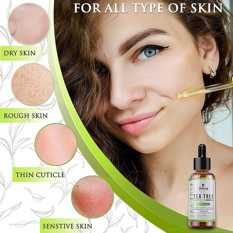 [Australia] - Kanzy Tea Tree Oil for Skin 60ml Treatment for Hair, Face, Acne Blemishes, & Nails Natural Vegan Organic Tea Tree Essential Oil 