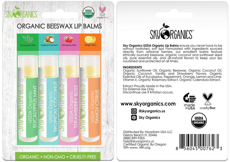 [Australia] - USDA Organic Flavored Beeswax Lip Balms (4 Tubes) Eucalyptus Mint, Tropical Coconut, Strawberry, Tangy Citrus – Beeswax Coconut Oil Vitamin E Lip Butter Chapstick for Dry Lips - For Adults & Kids 4 Lip Balms 