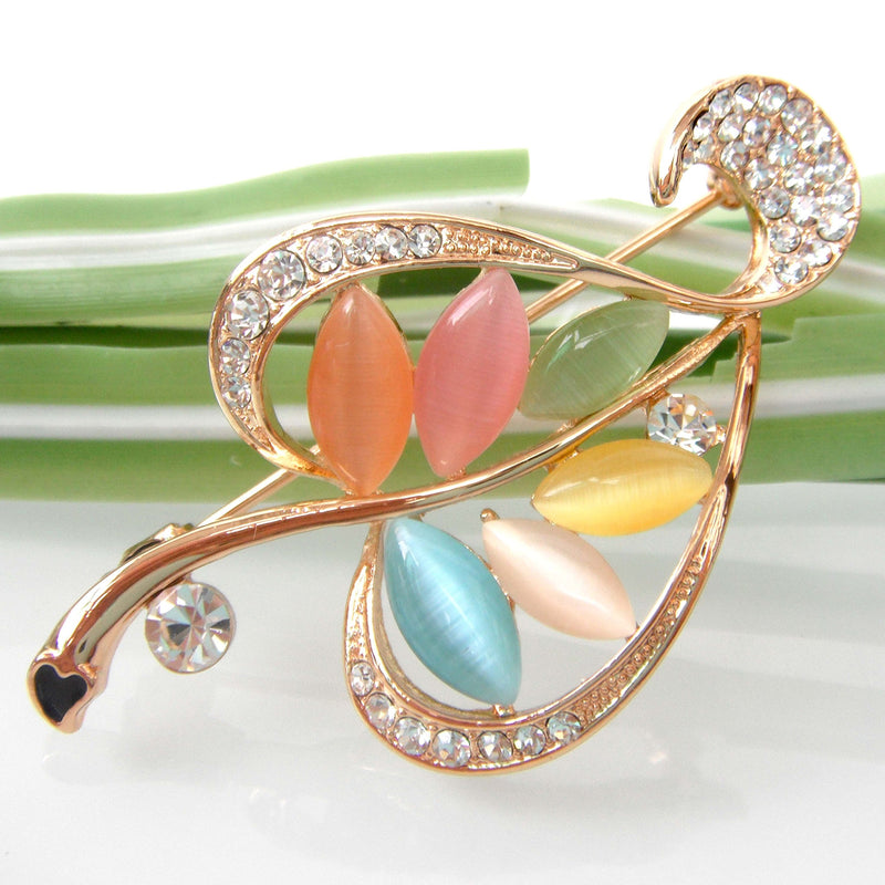 [Australia] - Navachi 18k Gold Plated Multi-Color Created-Opal Crystal Leaves Brooch Pin colorful 