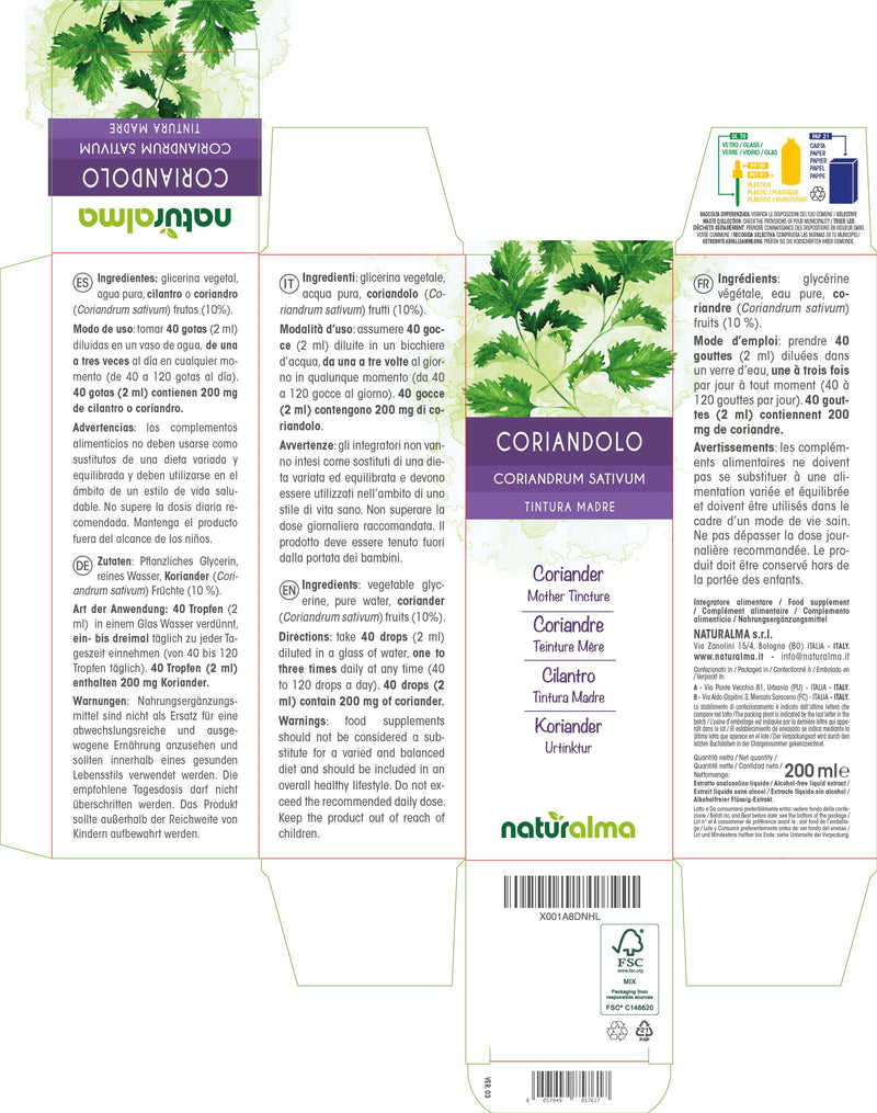 [Australia] - Coriander (Coriandrum sativum) Fruits Alcohol-Free Mother Tincture Naturalma | Liquid Extract Drops 200 ml | Food Supplement | Vegan 
