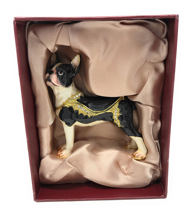 [Australia] - Kubla Crafts Enameled Boston Terrier Dog Trinket Box, Accented with Austrian Crystals 