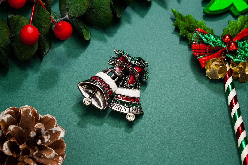 [Australia] - RareLove Big Size 1.88" Xmas Bell Ring Red Bowknot Christmas Pins and Brooches Crystal Brooch Pin Gift for Women Girls Alloy Plated 