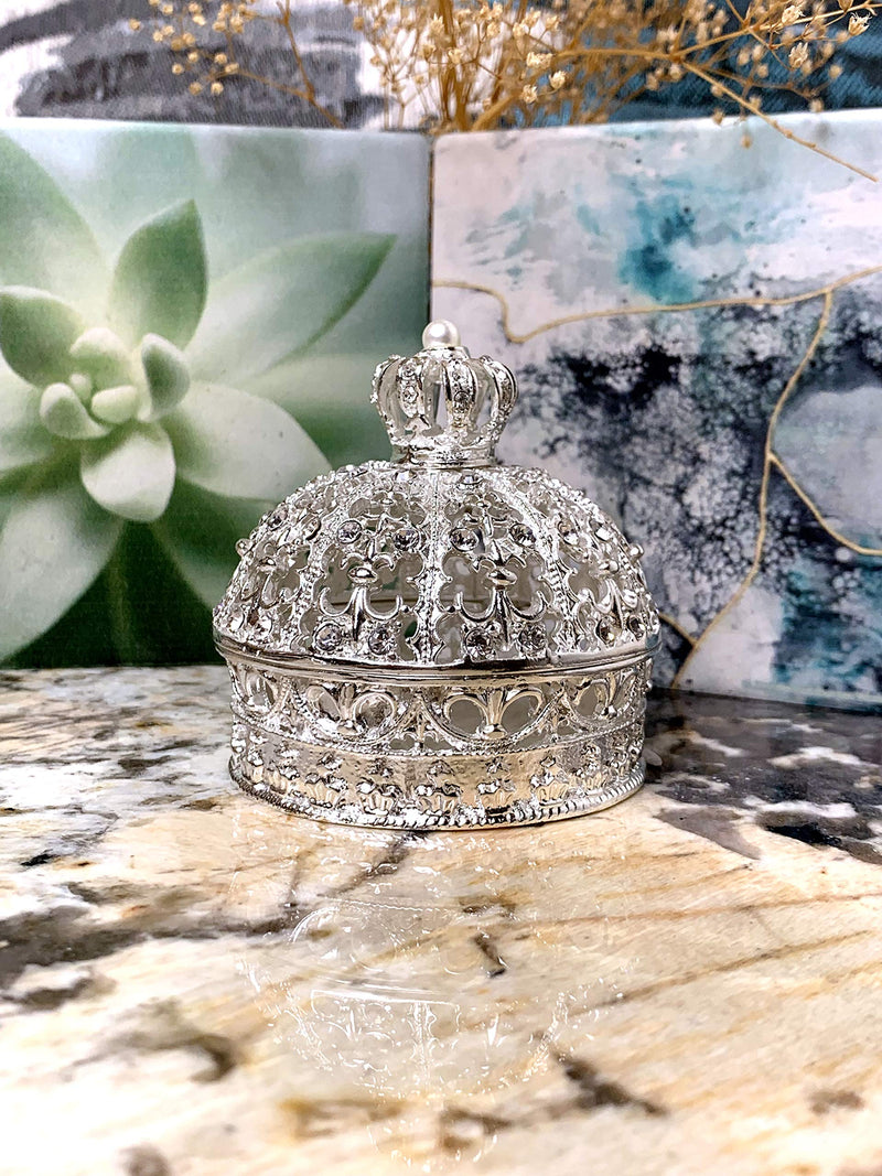[Australia] - VI N VI Silver Rhinestone Pearl Royal Crown Jewelry Box, Trinket Box | Beautiful Collectible Figurine and Decorative Jewelry Display, Holder, and Organizer 