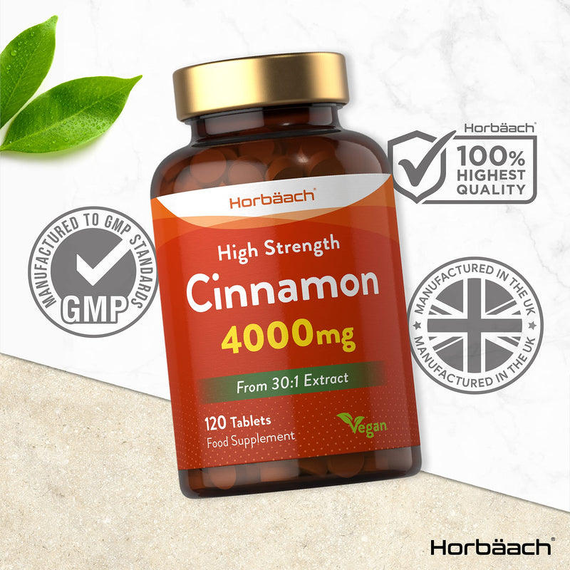 [Australia] - Cinnamon Tablets 4000mg | High Strength Supplement for Blood Sugar Levels & Metabolism Support | Rich Source of Calcium | 120 Vegan Tablets | by Horbaach 