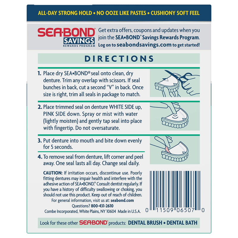 [Australia] - Sea Bond Secure Denture Adhesive Seals, Fresh Mint Uppers, Zinc Free, All Day Hold, Mess Free, 30 Count 30 Count (Pack of 1) 