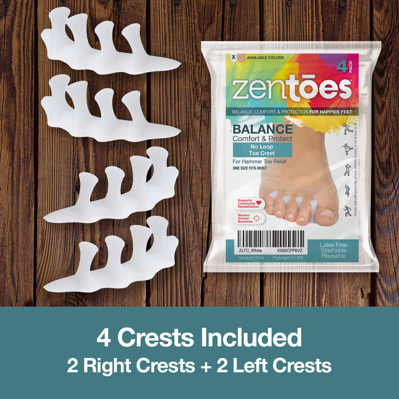 [Australia] - ZenToes Hammer Toe Straightener Crest with No Loop 4 Count Gel Spacer Splint and Crutch for Hammertoes, Overlapping and Mallet Toes (White) White 