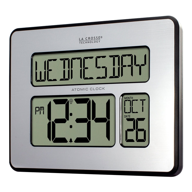[Australia] - La Crosse Technology 513-1419-INT Atomic Full Calendar Clock with Extra Large Digits - Perfect Gift for the Elderly, Silver, 9.84"L x 1.14"W x 7.48"H 