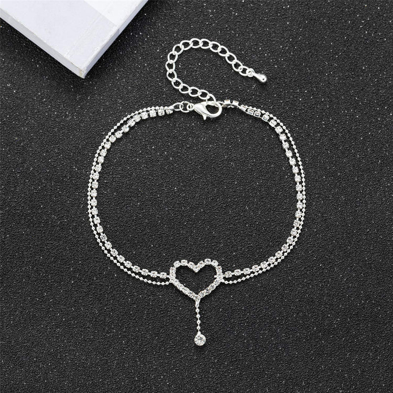[Australia] - kelistom Shinny Ankle Bracelets for Women Teen Girls, Heart Star Cross Charm White Gold Plated Rhinestone Inlay Chain Anklet with Extension Fashion Party Jewelry Gifts 