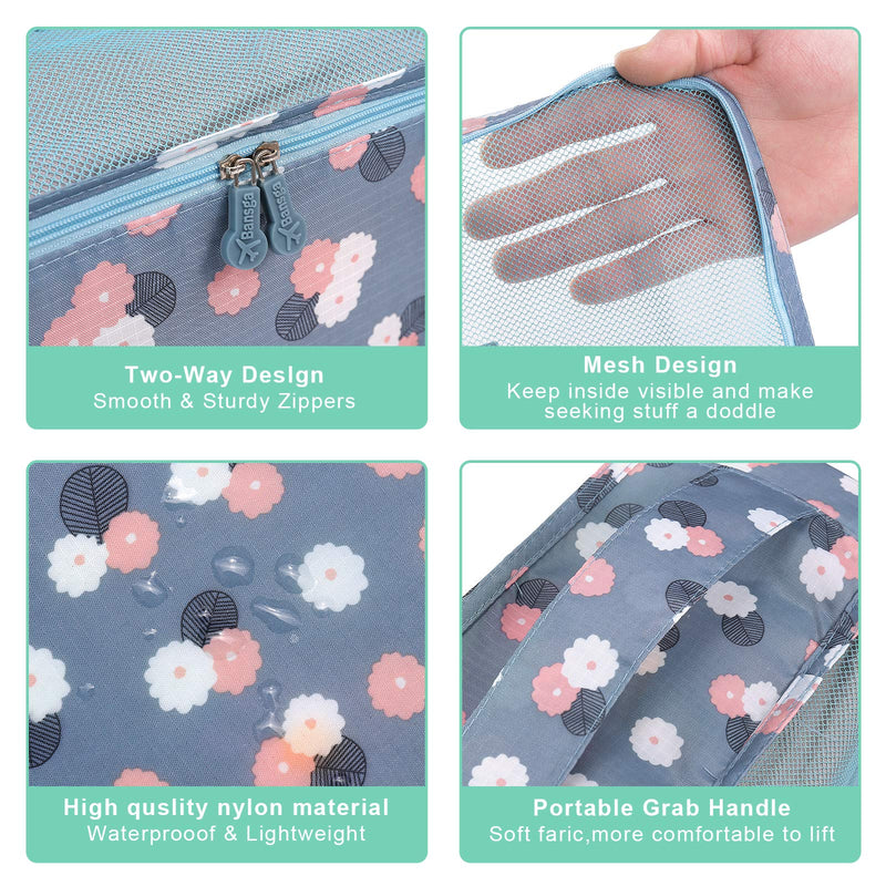 [Australia] - Packing Cubes Travel Organizers Luggage Compression Pouches-6 Sets Travel Accessories(Blue Flower) Blue Flower 
