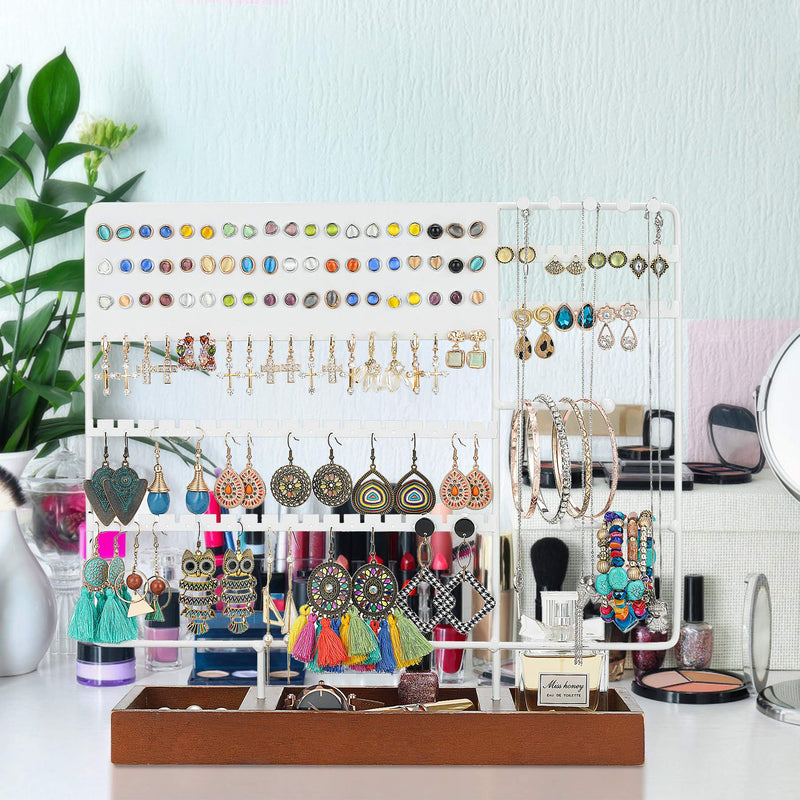 [Australia] - Earring Holder Stand Jewelry Stand 3 Tier Earring Organizer Ear Stud Display Stand Jewelry Organizer, Earring & Bracelet Necklaces Ring Holder Stand with Wooden Storage Base Jewelry Tree (130 Holes)white 