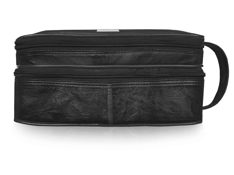 [Australia] - Leather Toiletry Bag - Toiletries Wash Bag - Soft Black Genuine Leather - Great Travel Gym Shower Bags - Unisex Men's or Ladies - 2 Zipped Compartments - Hang Up Carry Handle - Roamlite RL215 