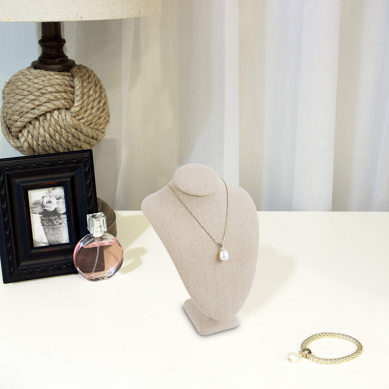 [Australia] - Mooca 2 Pcs Set Tan Linen Covered Wood Jewelry Display Necklace Chain Jewelry Bust Display Holder Stand, Necklaces Display Necklace Mannequin, Necklace Bust Jewelry Bust Stand, 7" Height 