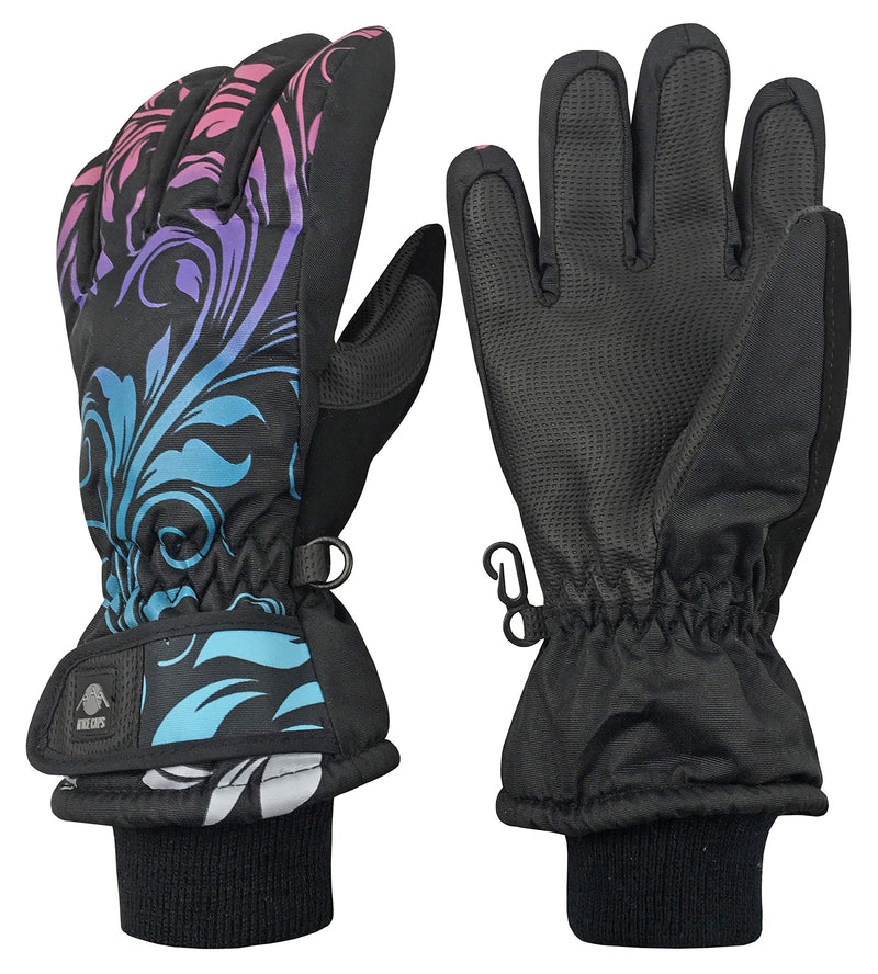 [Australia] - N'Ice Caps Girls Waterproof Thinsulate Fashion Design Winter Snow Ski Gloves Black Scroll Print 9-11 Years 