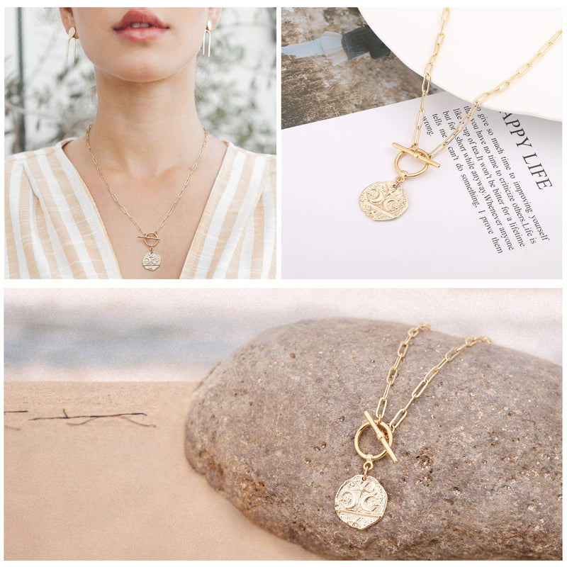 [Australia] - 18K Gold Moon Star Lion Evil Eye Pendant Necklace Medallion Paperclip Chian Choker Layering Jewery for Women Girls A Moon & Star 