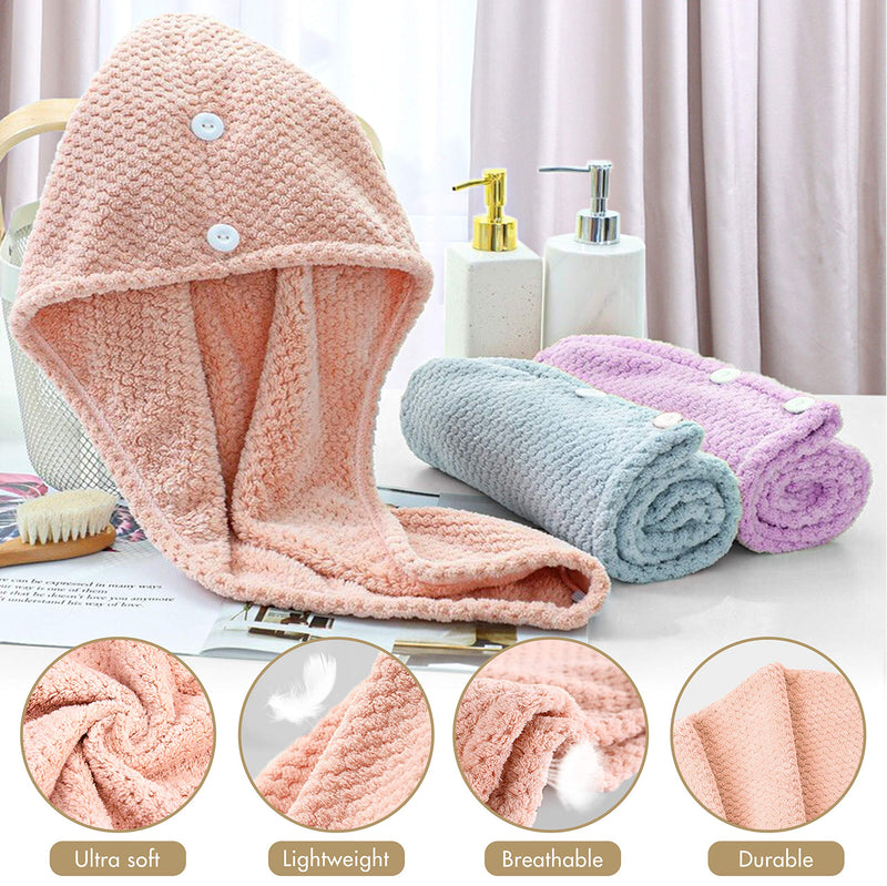 [Australia] - CHOOBY 3+1 Pack Hair Towel Wrap Fast Drying Hair Turban, Anti-Frizz Microfiber Wet Hair Wrap Towel for Women, Ultra Absorbent Hair Dry Towels Cap for Bath Makeup Washing face (Pink/Purple/Gray) Pink/Purple/Gray 