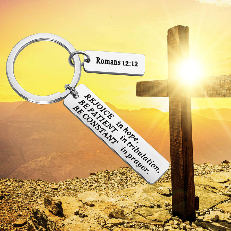 [Australia] - FUSTMW Christian Keychain Religious Gifts Bible Verse Jewelry Rejoice in Hope Be Constant in Prayer Romans 12:12 Scripture Key Chains Gifts silver 