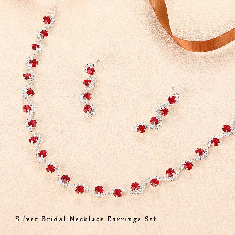 [Australia] - Unicra Bride Silver Necklace Earrings Set Crystal Bridal Wedding Jewelry Set Rhinestone Choker Necklace for Women and Girls (Red) Red 