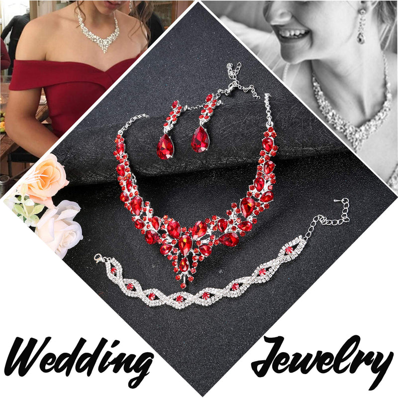 [Australia] - Fiasaso Crystal Bridal Jewelry Set for Women Rhinestone Necklace Earrings Bracelet Wedding Bridesmaid D: 3pcs-red 