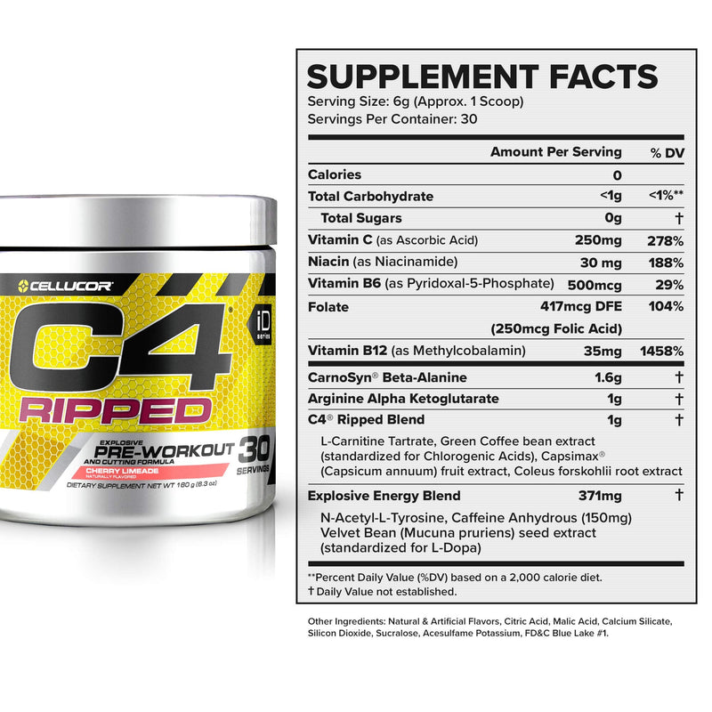 [Australia] - C4 Ripped Pre Workout Powder Cherry Limeade | Creatine Free + Sugar Free Preworkout Energy Supplement for Men & Women | 150mg Caffeine + Beta Alanine + Weight Loss | 30 Servings 30 Servings (Pack of 1) 