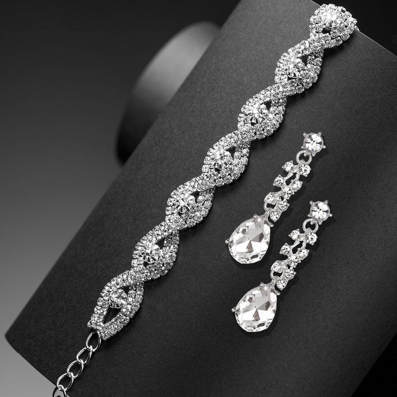 [Australia] - NA Clear Rhinestone Bridal Jewelry Sets for Women Crystal Necklace Earrings Bracelet Set Silver-Tone Wedding Bridal Bridesmaid Gifts fit with Wedding Dress A:3pcs-Silver Tone Necklace + Earrings + Bracelet set 