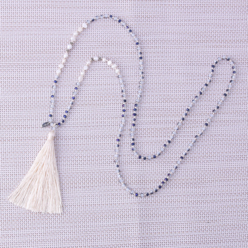 [Australia] - KELITCH Long Tassel Necklace Handmade Shell Pearl Crystal Beads Necklace for Women White Beige 
