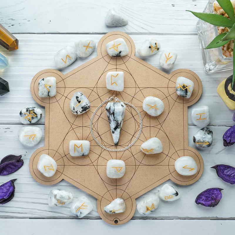 [Australia] - Crocon Rainbow moonstone tumbled Gemstone Engraved Rune Stones Set (25 Pcs) with Elder Futhark Alphabets & 1 Pendulum Meditation healing set Size: 15-20 mm 