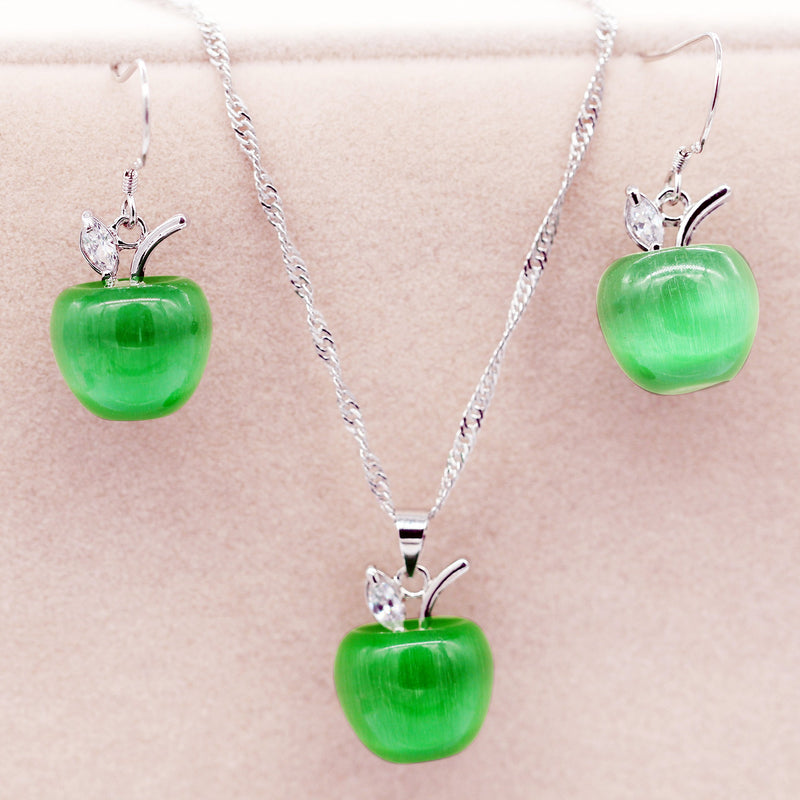 [Australia] - Uloveido Apple Necklace and Earrings Set for Women Girls Cute Apple Jewelry Set for Teacher Mom YL007 Dark Green 