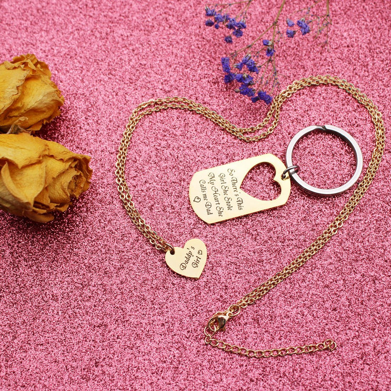 [Australia] - BRBAM Father Daughter Necklace and Keychain Set-So There's This Girl She Stole My Heart She Calls Me Dad Engraved Jewelry Sweet Gift Between Father and Daughter Gold Set 