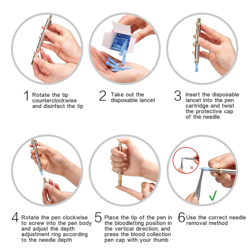 [Australia] - Painless Lancing Device Blood Lancet Pen Sterile Gold Plated of Third Generation with +50pcs 23G Needles 1 Count (Pack of 1) 