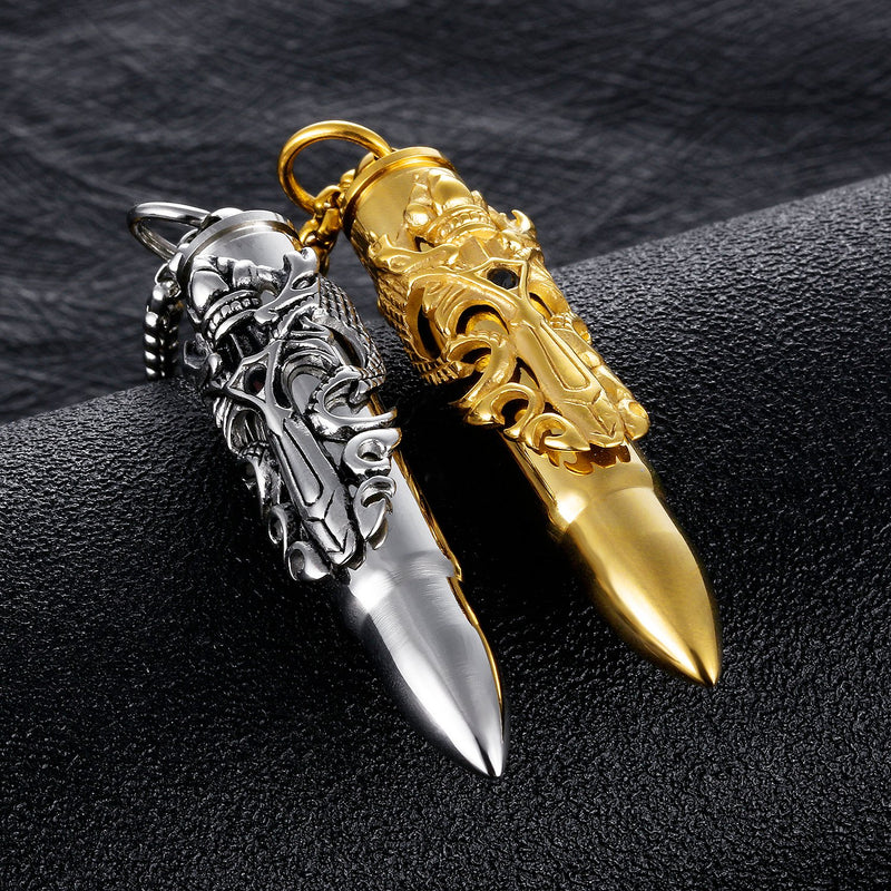 [Australia] - HUANIAN Dragon Sword Bullet Shape Canister Capsule Memorial Keepsake Pendant Cremation Ash Urn Necklace for Men Gold 