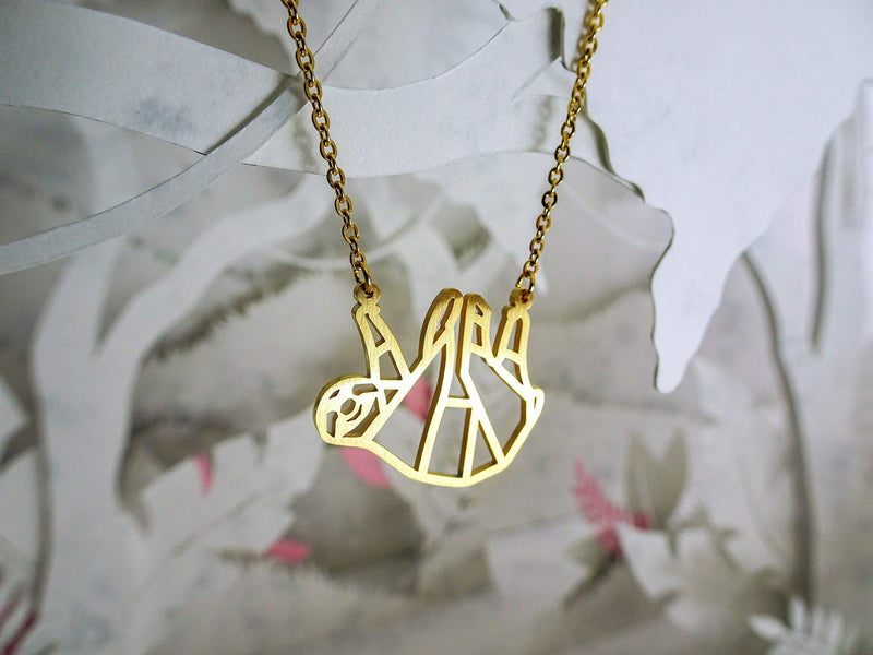 [Australia] - La Menagerie Sloth Gold Origami Jewelry & Gold Geometric Necklace – 18 Karat Plated Gold Necklace & Sloth Necklaces for Women – Sloth Necklace for Girls & Origami Necklace 