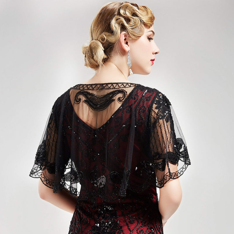 [Australia] - ArtiDeco Women's 1920s Shawl Sequin Beaded Art Deco Evening Cape Vintage Shawl Wraps (Black), Free, Black 