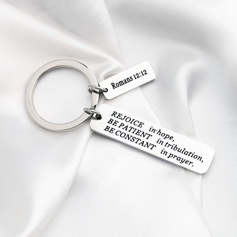 [Australia] - FUSTMW Christian Keychain Religious Gifts Bible Verse Jewelry Rejoice in Hope Be Constant in Prayer Romans 12:12 Scripture Key Chains Gifts silver 