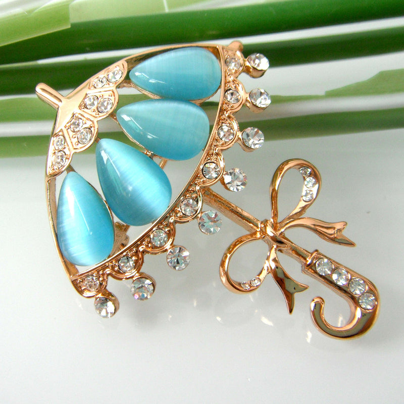 [Australia] - Navachi 18k Gold Plated Created-Opal Crystal Umbrella Brooch pins Blue 