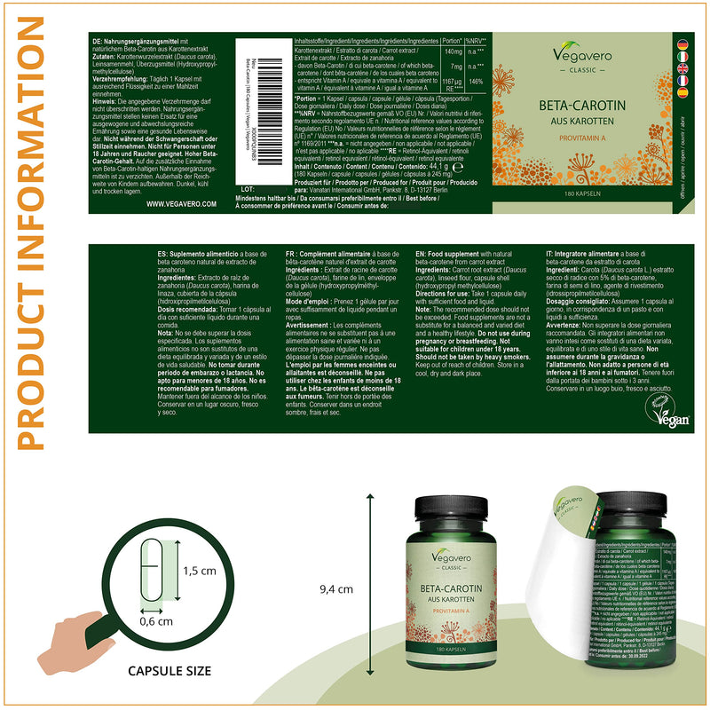[Australia] - Beta Carotene Vegavero® | 180 Capsules | Tan Accelerator | 100% Natural Source of Vitamin A | Vegan 