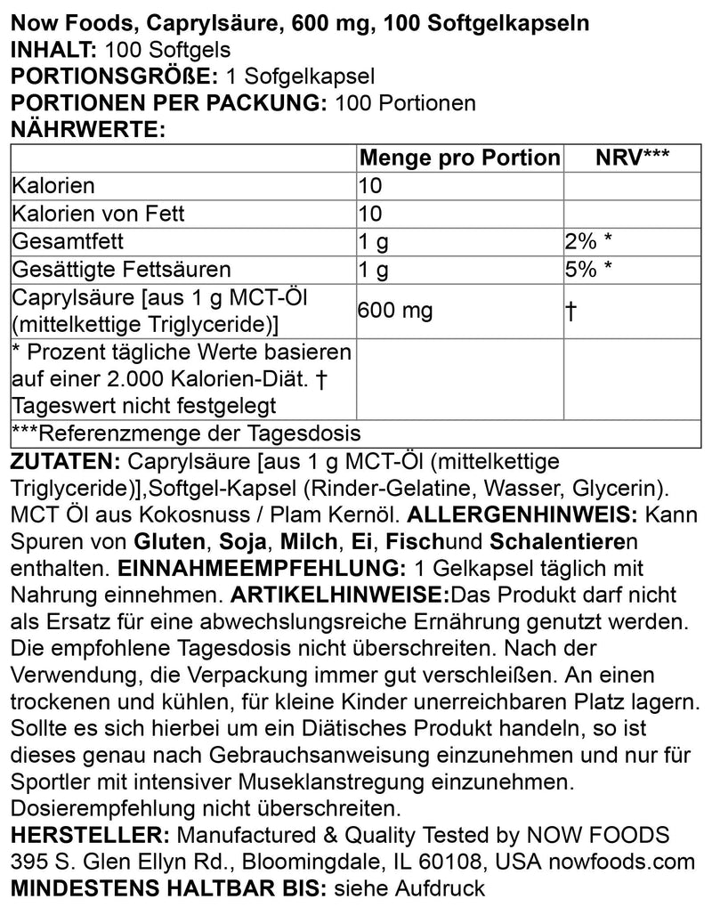 [Australia] - NOW Supplements, Caprylic Acid 600 mg, MCT (Medium-Chain Triglycerides), 100 Softgels 100 Count (Pack of 1) 