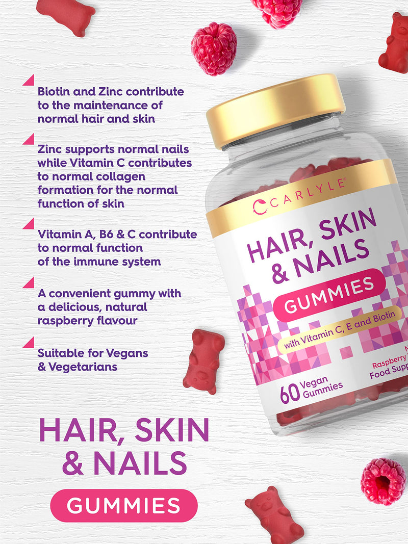 [Australia] - Hair, Skin & Nails Vegan Gummies | 5000mcg Biotin | + Vitamins A, B12, B6, C, D, E, Zinc | 60 Raspberry Gummy Bears | Natural Flavouring | No Artificial Preservatives | by Carlyle 