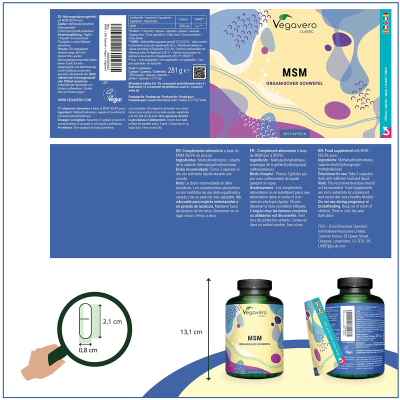 [Australia] - MSM Capsules Vegavero� | 2000 mg | Distilled Organic Sulphur | NO Additives & Non-GMO | Lab-Tested Methylsulfonylmethane MSM Supplements | 365 Capsules | Vegan 
