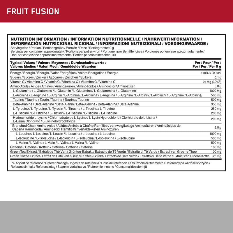 [Australia] - Optimum Nutrition Amino Energy Pre Workout Powder, Energy Drink with Beta Alanine, Vitamin C, Caffeine and Amino Acids, Fruit Fusion, 30 Servings, 270 g, Packaging May Vary 