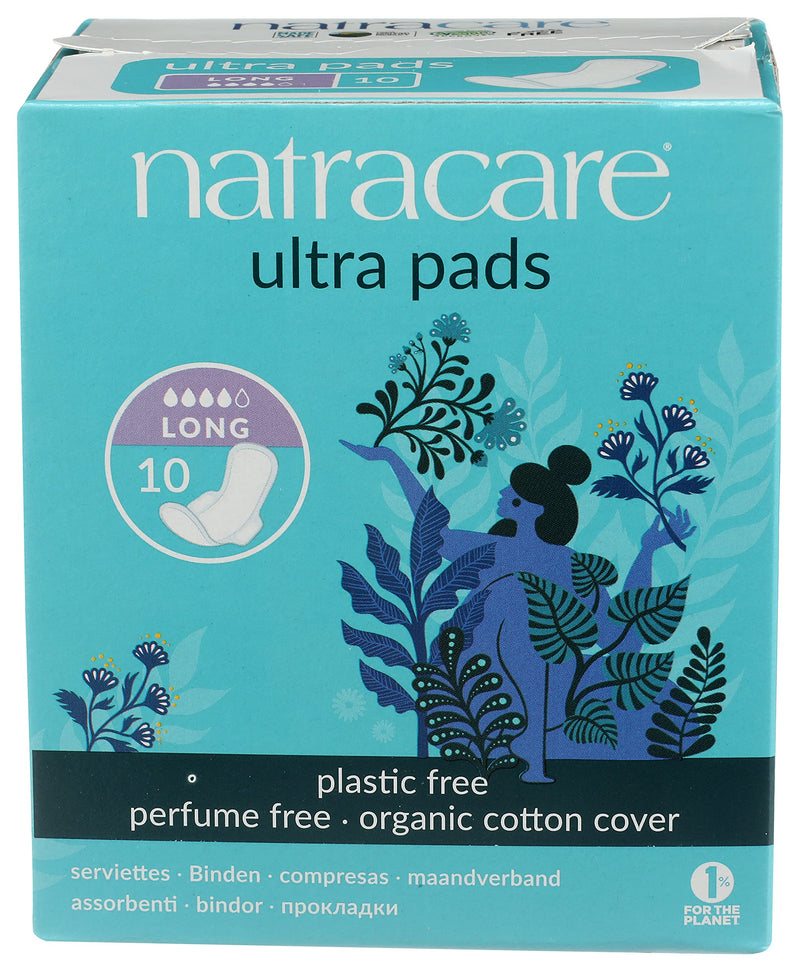 [Australia] - Natracare Slim Fitting Ultra Pads with Wings, Long, Made with Certified Organic Cotton, Ecologically Certified Cellulose Pulp and Plant Starch (1 Pack, 10 Pads Total) 