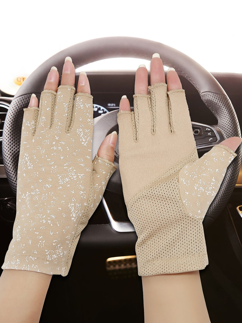 [Australia] - 2 Pairs Women Sunblock Fingerless Gloves Non Skid Summer Gloves UV Protection Driving Gloves Black, Khaki 