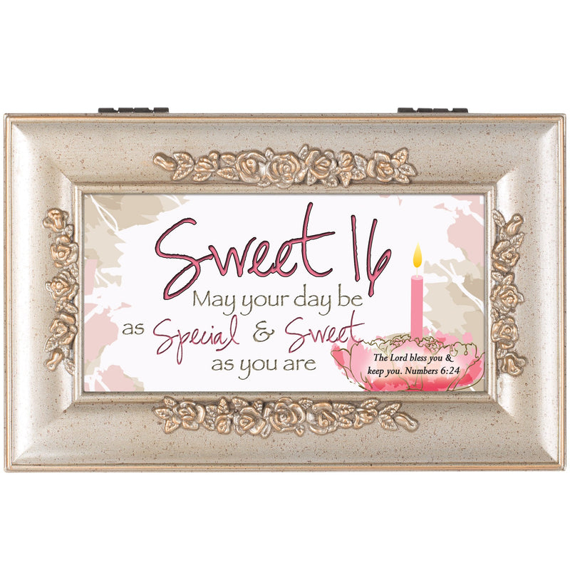 [Australia] - Cottage Garden Sweet Sixteen Your Day Be Special Silvertone Embossed Jewelry Music Box Plays Amazing Grace 