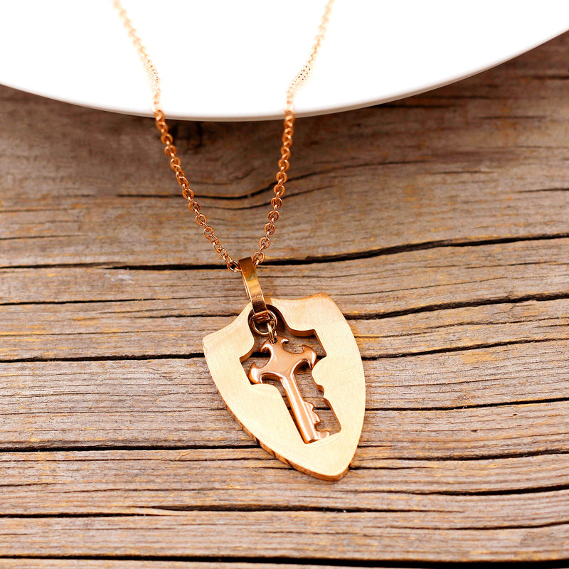 [Australia] - Uloveido Shield Key Pendant Necklace and Lock Bracelet for Girls Boys Couple Necklace Bracelet Set for Men and Women Anniversary Birthday Gift, You Hold the Key to My Heart Y473/Y474 100 Languages Love-Rose Gold 